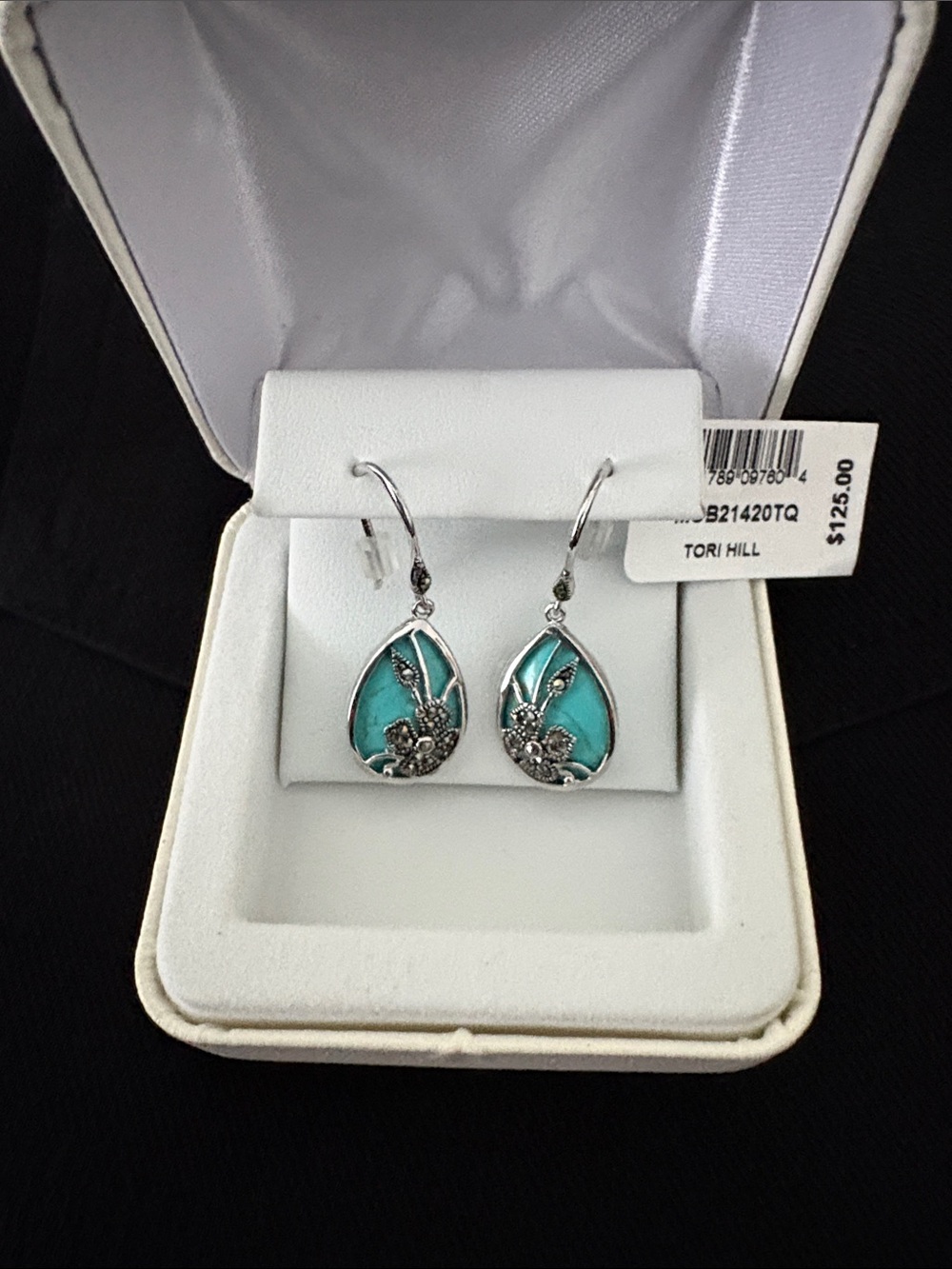 Tori Hill Teardrop Turquoise Drop Earrings - Silver Floral Accents Brand New